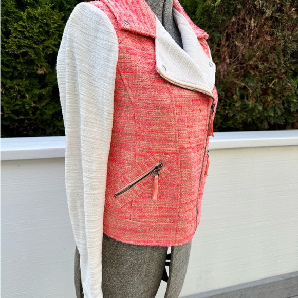Anthropologie Elevenses neon orange ivory sleeves Tweed Knit Jacket SZ 2 - Picture 2 of 8